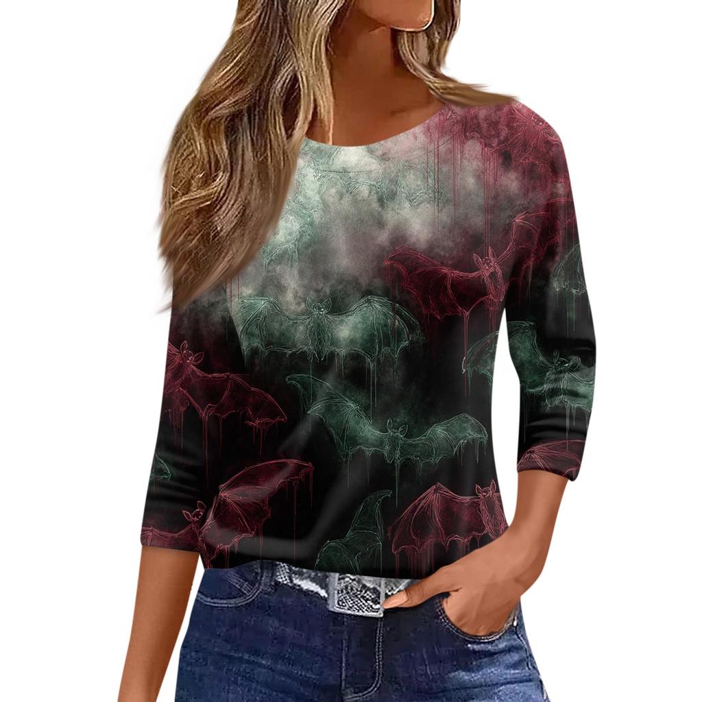 Mote Casual Rund Hals 3/4 Erme Løs Trykket T-skjorte Dame Topp