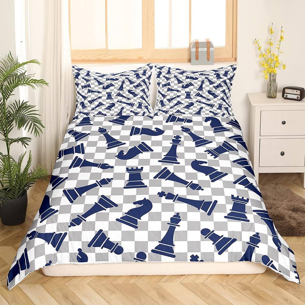 International Chess Duvet Cover for Teens Adults Queen Size Lightweight Down Room Decor 2 Pillowcases 1 Comforter Cover No Quilt