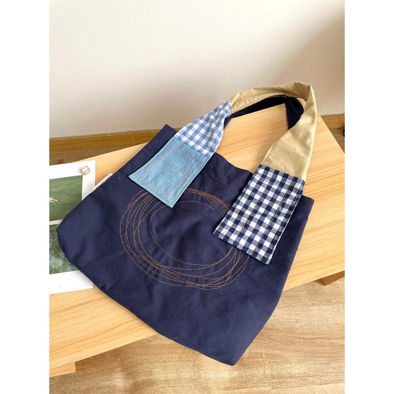 

Women Vintage Patchwork Canvas Shoulder Bag Japanese Style Large Capacity Tote Bag Fashion Shopping Handbag For Students Daily синий