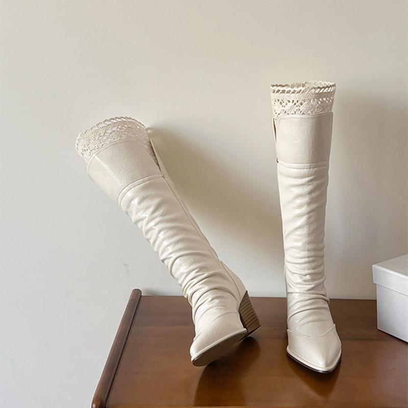 

Fashion Autumn Winter Fashion Pleated Design Women Knee-High Boots Vintage Faux Suede Lace High heels Western Cowboy Long Booties Shoes 35