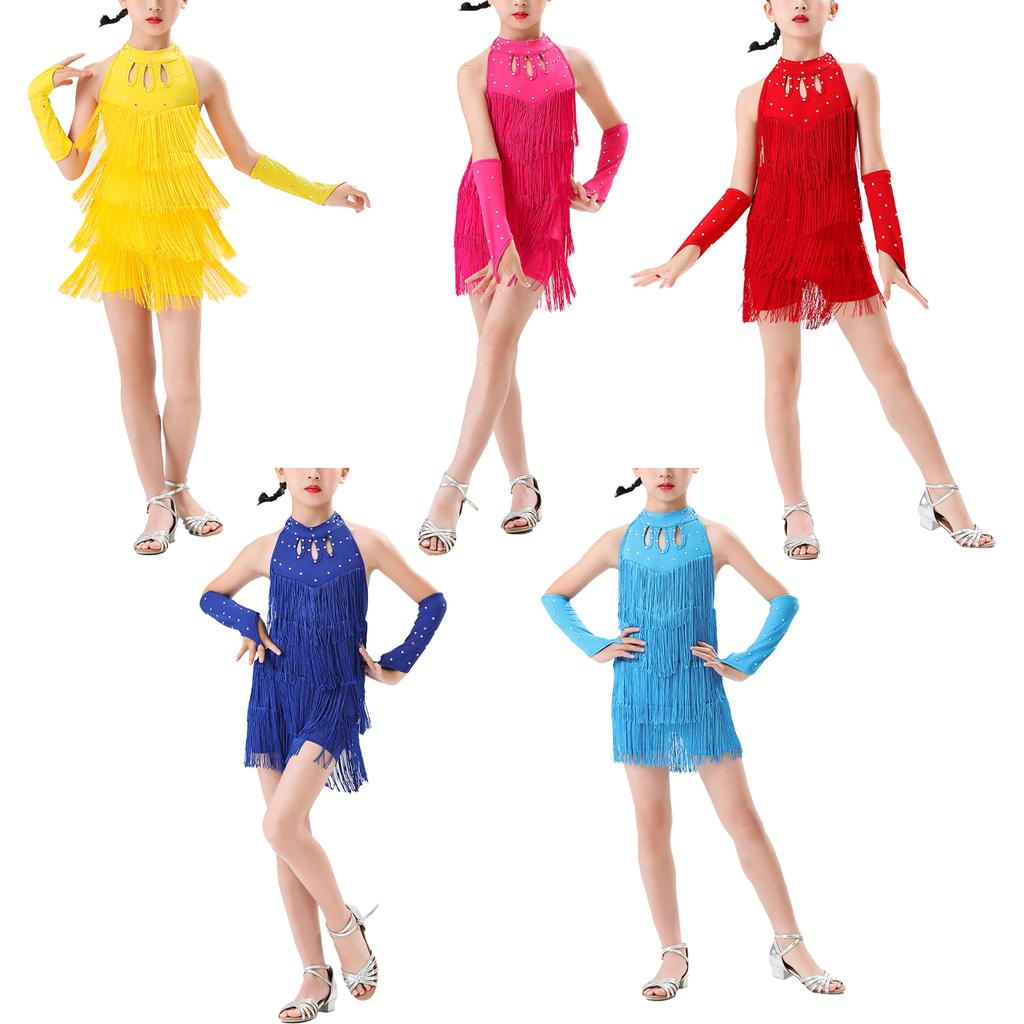 Girls Latin Salsa Dance Outfit Tiered Tassel Leotard Halter Sleeveless Backless Lace-Up Fringe Bodysuit with Gloves