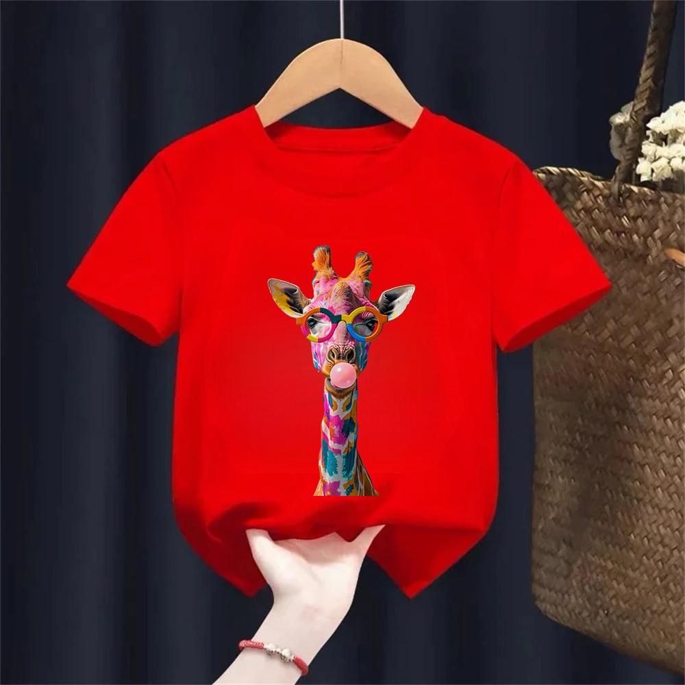 Y2k Giraffe with Gum Printed Short Sleeve T Shirts Animal Kids Childrens Tshirt Boys Girls Summer Spring Casual Top Tee Shirt