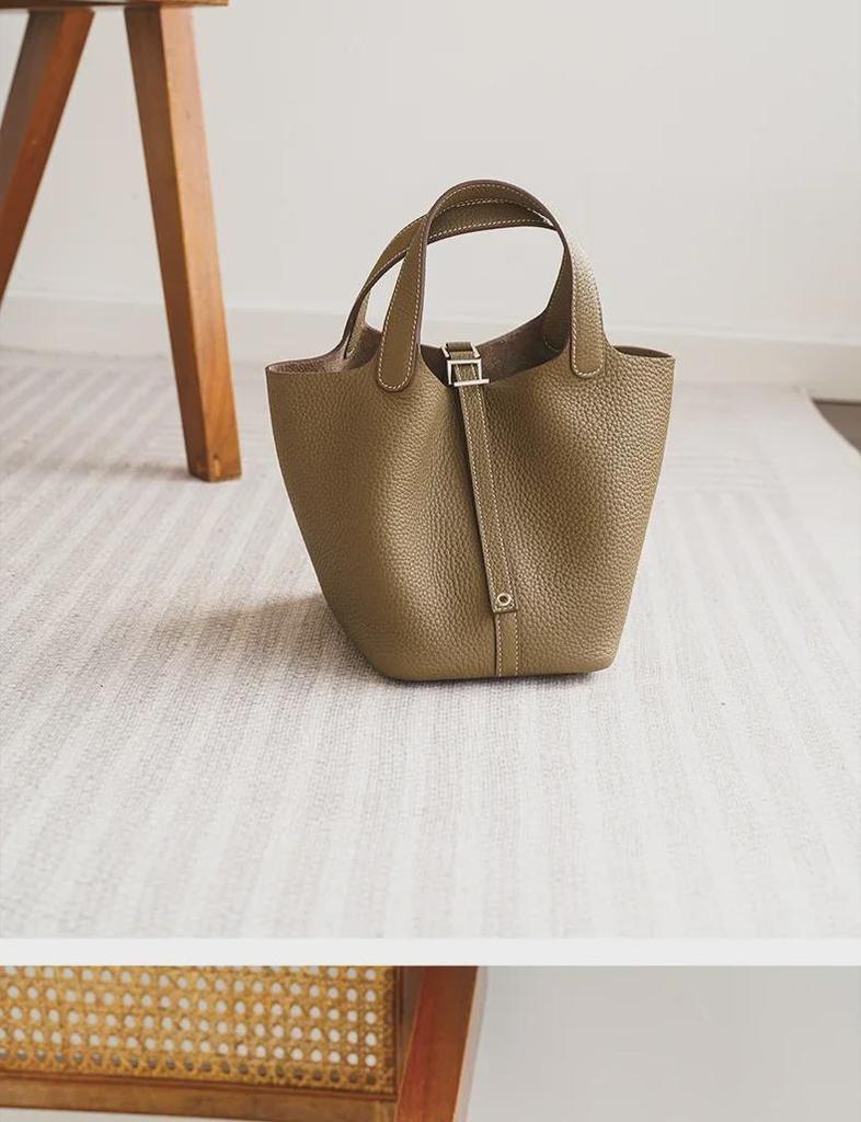 Black Genuine Leather Lychee Pattern Bucket Tote Bag for Women