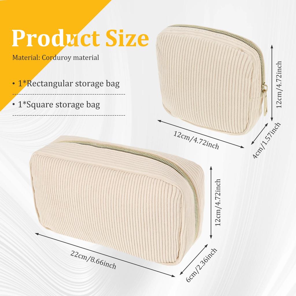 2Pcs Corduroy Travel Cosmetic Bag Portable Makeup Storage Bag Pursesarge Capacity Tampon Bag With Zipper Closure for Daily Use