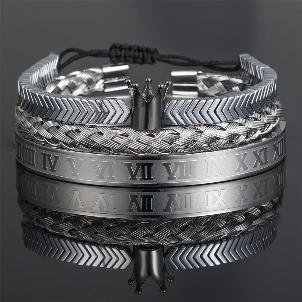 Vintage Crown Stainless Steel Bracelet Set With Letter And Number Charms For Men And Women