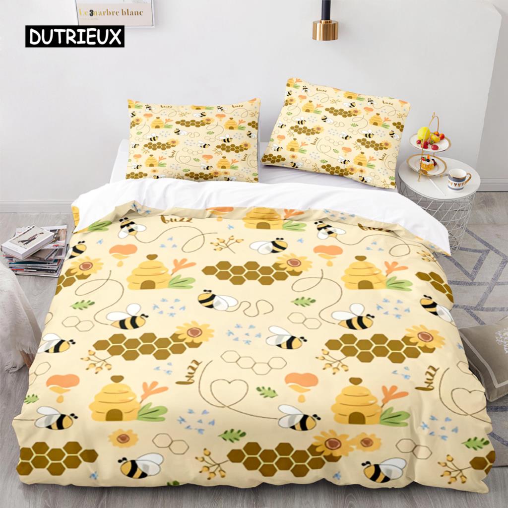 Süße Cartoon-Biene Bettbezug King Queen Honig Bettwäsche Set Kinder Jungen Mädchen Frühling Gelb Polyester Bettdeckenbezug