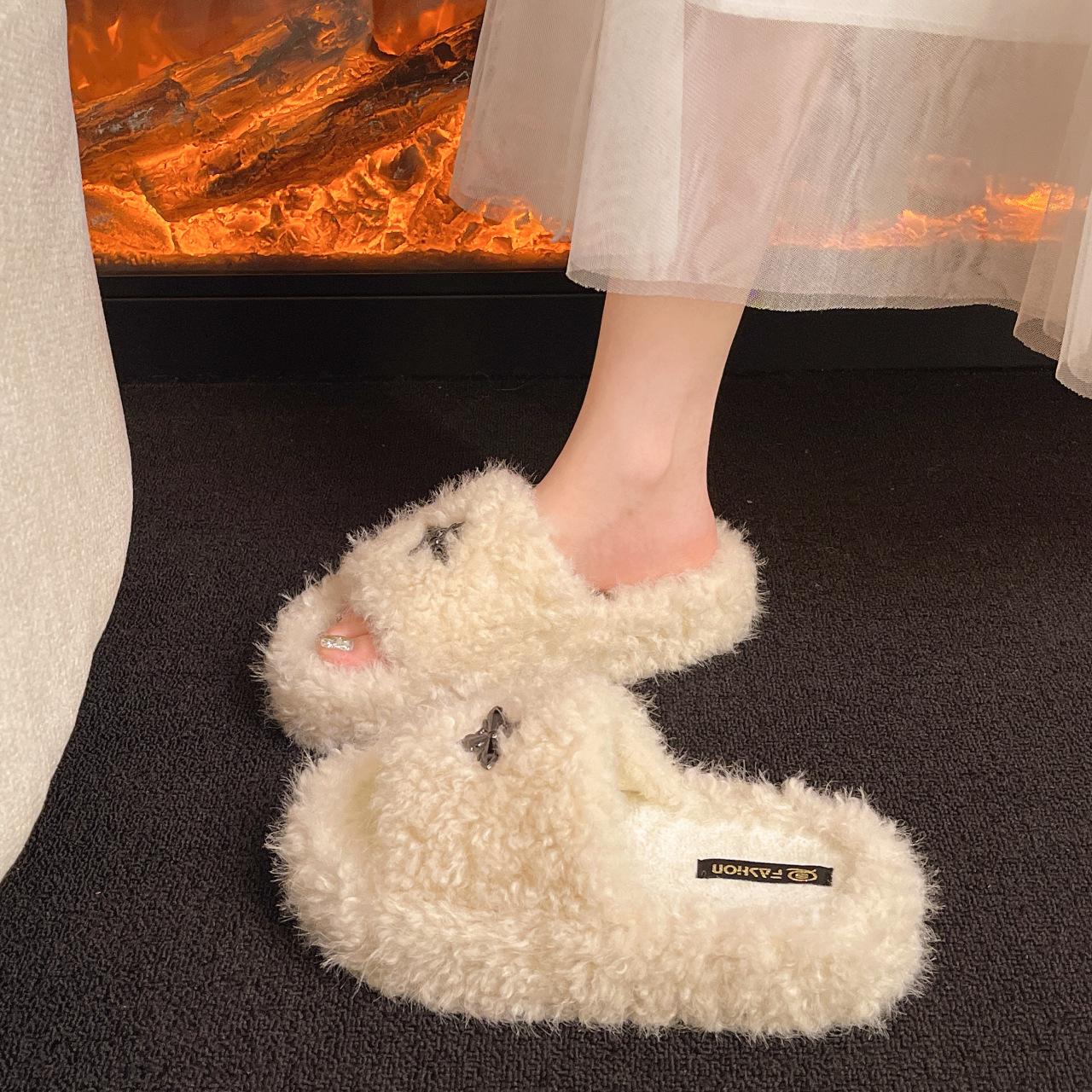 

Simple casual cross fluffy slippers for women s outer wear 2025 autumn and winter new thick-bottomed comfortable plush cotton slippers 40