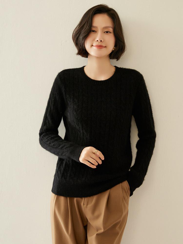 Women's Retro Cable Knit Cashmere Pullover Sweater, Round Neck, Slim-Fit, Autumn/Winter 2024 Collection