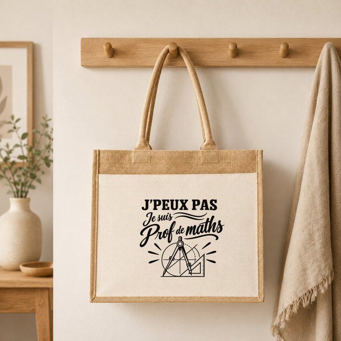 Sac Cabas Jute avec Poche J’peux pas je suis Prof de maths J'peux pas minimaliste | Toile de Jute et Coton 21 L Fond Plat Anses 65