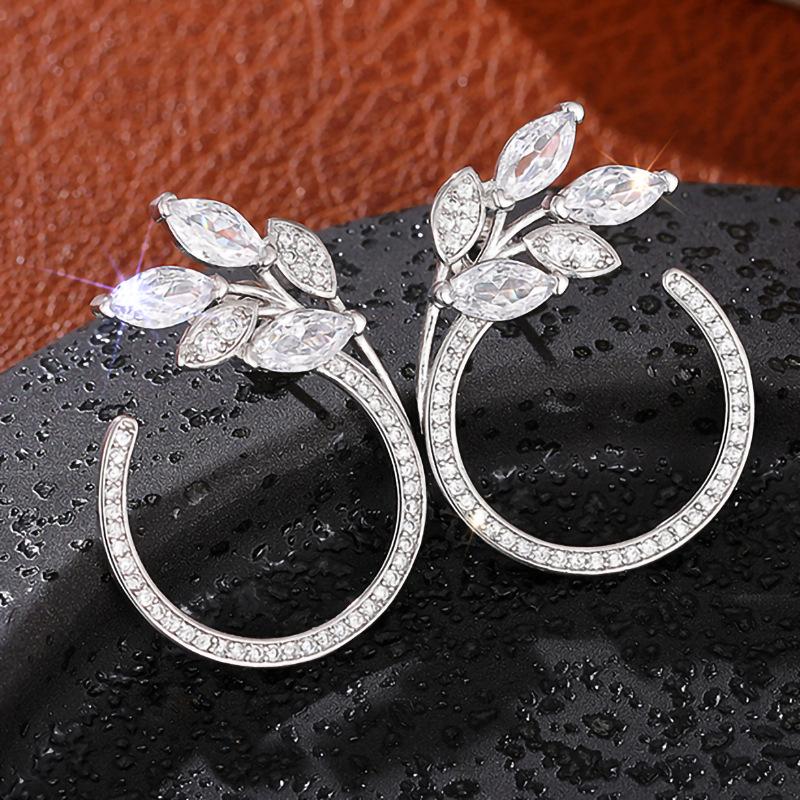 Silver Plated Leaf Branch Cubic Zirconia C Shape Half Hoop Earrings Marquise Cut Crystal Open Hoop Women Wedding Party Jewelry Gift