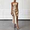 New High-end Satin Pleated Waist Sleeveless Banquet Evening Dress Women
