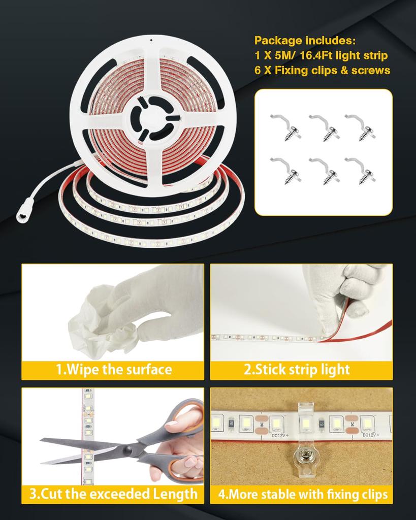5m LED Strip Light, 600 Strings, 12V, Adjustable Brightness, Ambient Lighting, 2835SMD, Cuttable, Easy Installation, DIY, Double-Sided Tape, USB