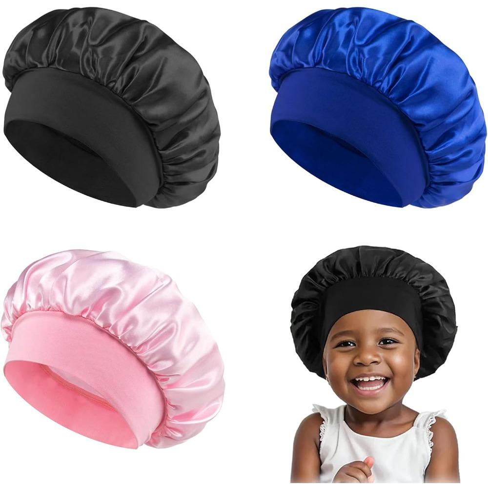 3 Stück Seidenhaube für Kinder zum Schlafen, Satin-Haube für Mädchen und Jungen, Weiche Schlafhaube für Kleinkinder und Teenager, Schwarz Blau Rosa