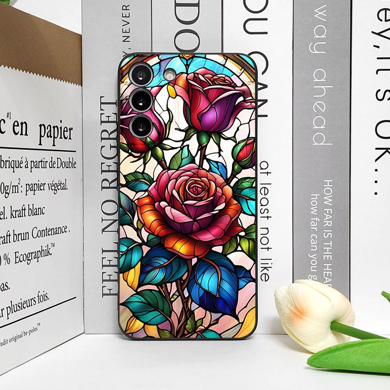 Bunte Glas-Stil-Rosenmuster-Handyhülle für Samsung Galaxy S26 S25 S24+ S23 Ultra S22 Plus S20 S21 FE M53 Weiche Hülle