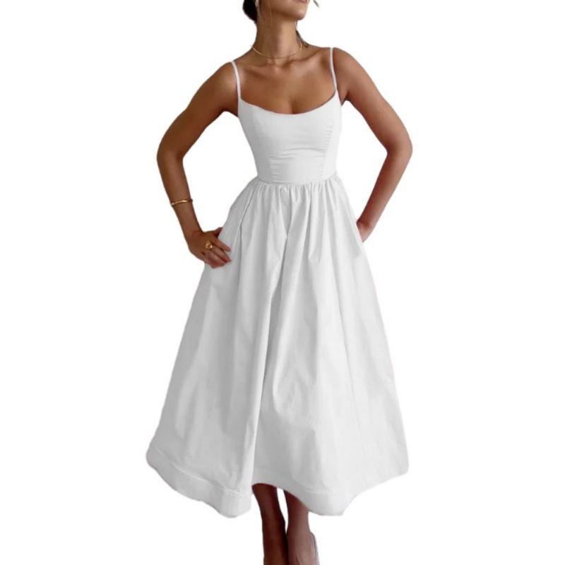 Women Summer Dress Solid Color U Neck High Waisted Pleated Halter Swing Dress