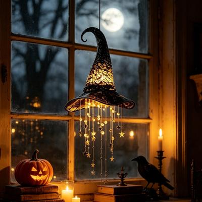 Mysterious Witch Hat Ornament Lighted Hanging Chime, LED Glowing Hollow with Halloween for Garden Star Tassels, Witches Hat, Porch Yard Window