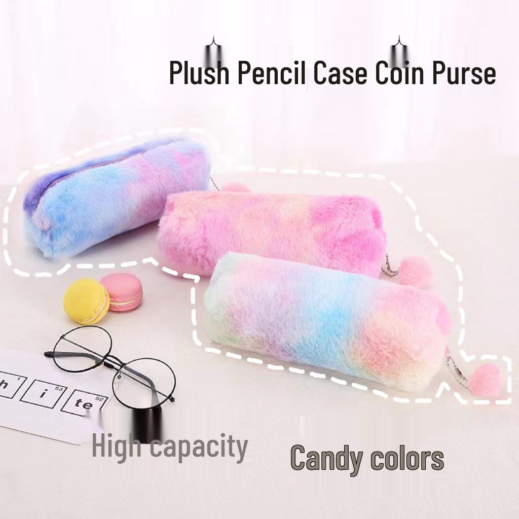 Gradient Plush Pencil Case: Cute Octagonal Stationery Box for Girls