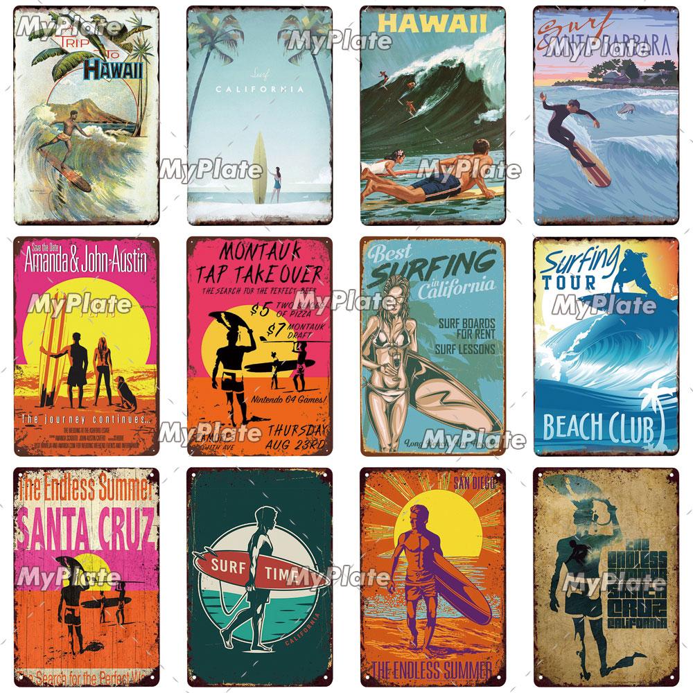 Surf Shop Vintage Metal Signs Decor Rust Tin Sign Wall Art Stickers Hawaii Poster for Bar Pub and Club Room Wall Art Decoration