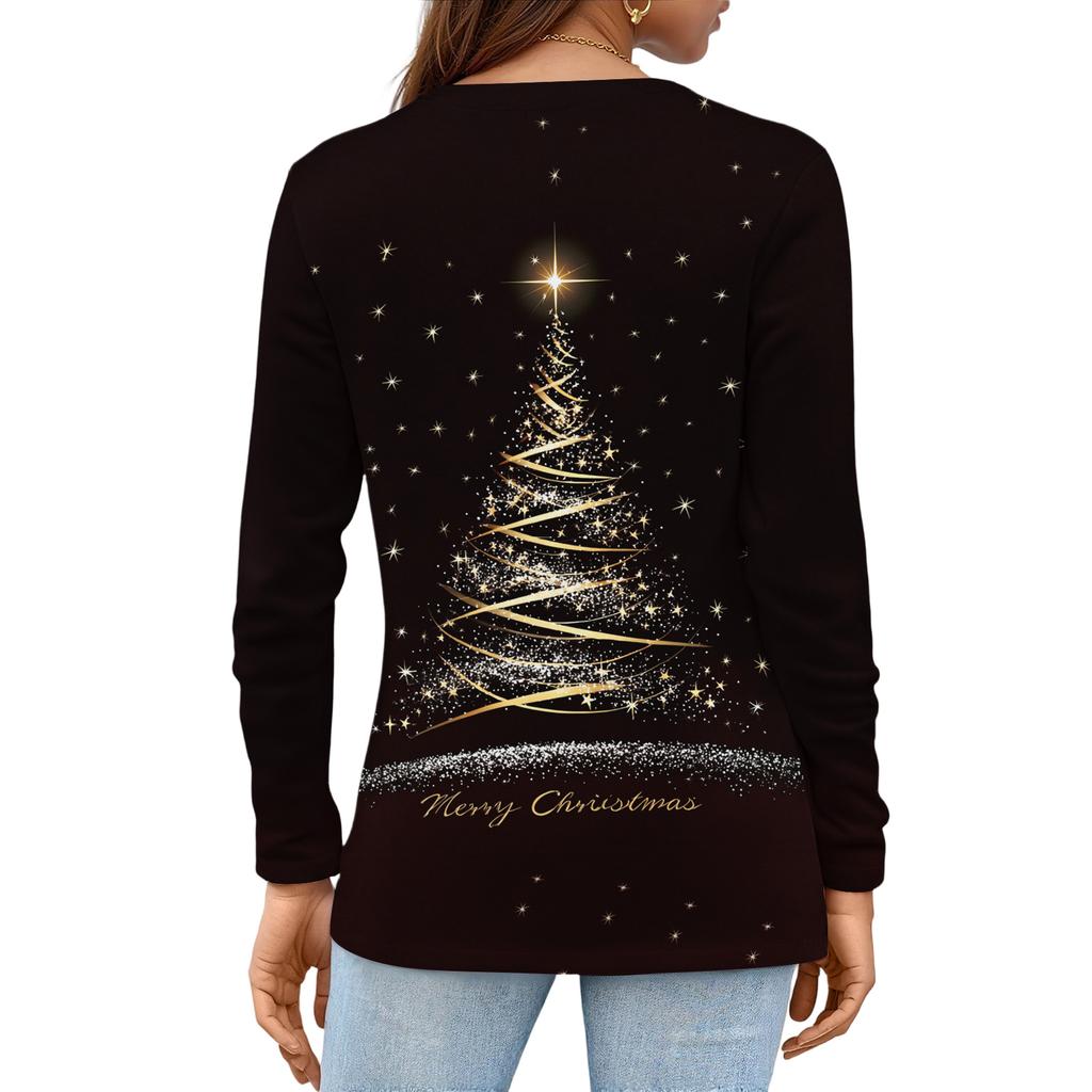 Women's Fashion Casual Slit Hem Round Neck Long Sleeve Loose Christmas Printed T-Shirt Ladies Top