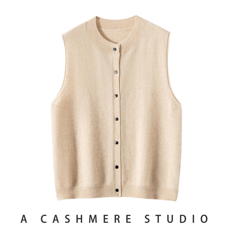 Pure Cashmere Single-Breasted Casual Cardigan Vest: Versatile Loose Solid Color Round Neck Knit Sweater for Autumn and Winter