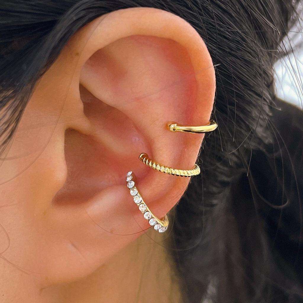 3pcs Set Trendy Personality Micro-inlay Zircon Geometry C Shape Fake Piercing Clip Earrings for Women No Ear Holes Jewelry Sets