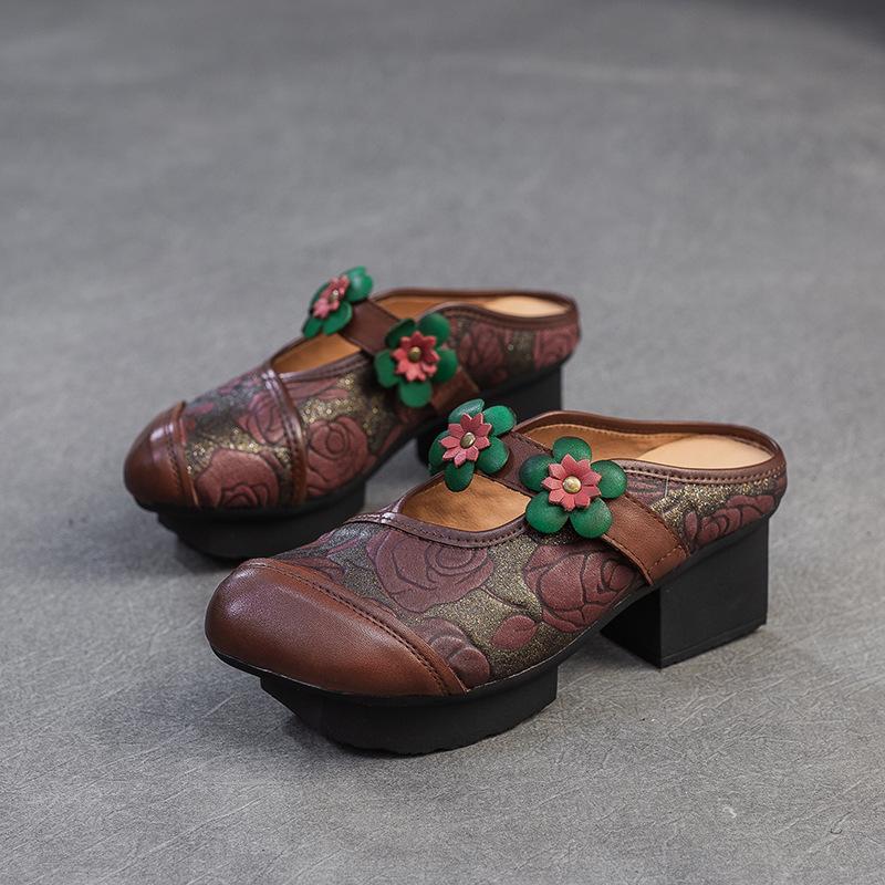 Johnature Ethnic Style Thick Heel Round Toe Outdoor Slippers Retro Printed Genuine Leather Women's Shoes