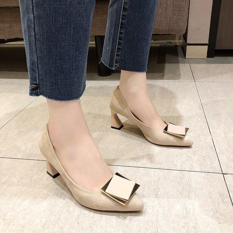 Pointed Suede Fashion Single Shoes Women's Autumn New Square Buckle Versatile High Heels Thick Heel
