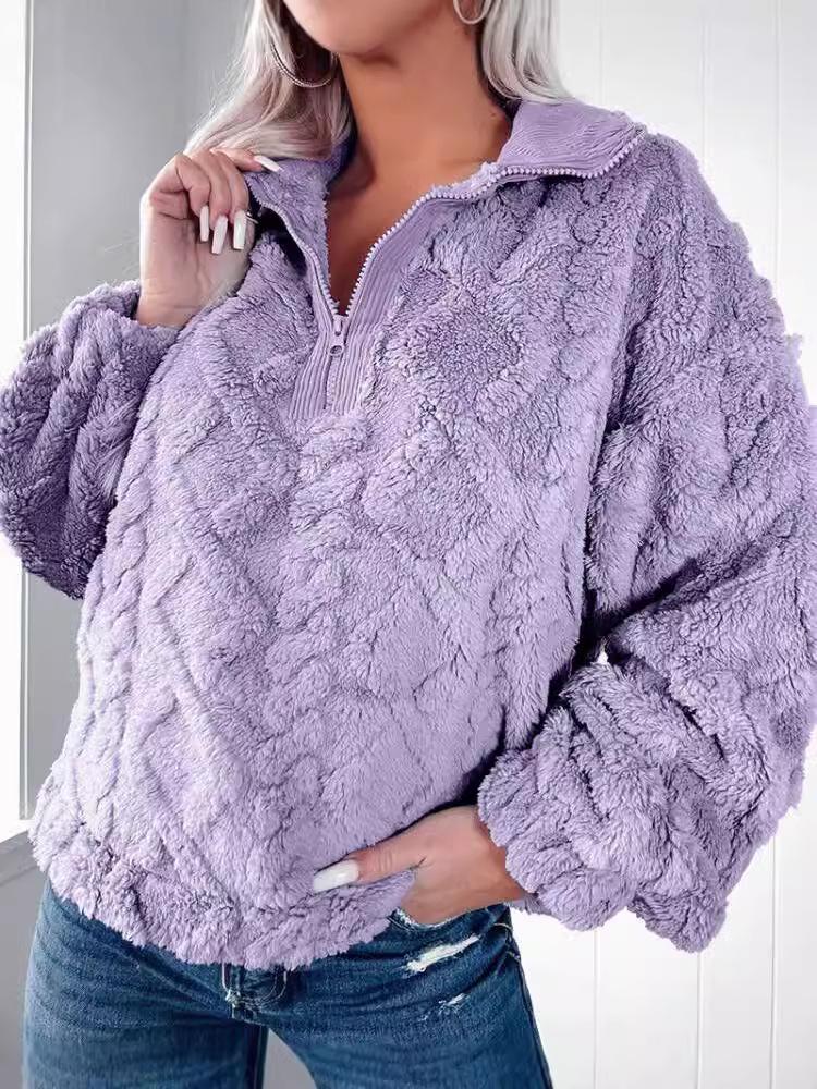 Autumn Winter Casual Loose Plush Pullover Shirt with Lapel and Long Sleeves