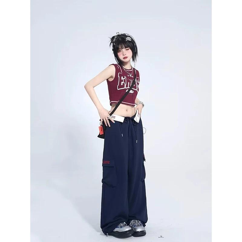 Kadın Kargo Pantolon Vintage Y2k 90'lar Estetik Harajuku Jogger Pantolon Sokak Giyimi Yüksek Bel Bol Geniş Pantolon Emo 2000'ler Giysileri