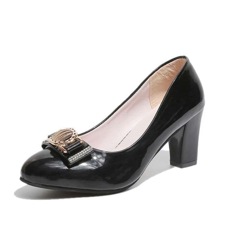 New work single shoes women's casual fashion round head soft leather Korean version medium and high heel leather shoes women's patent leather