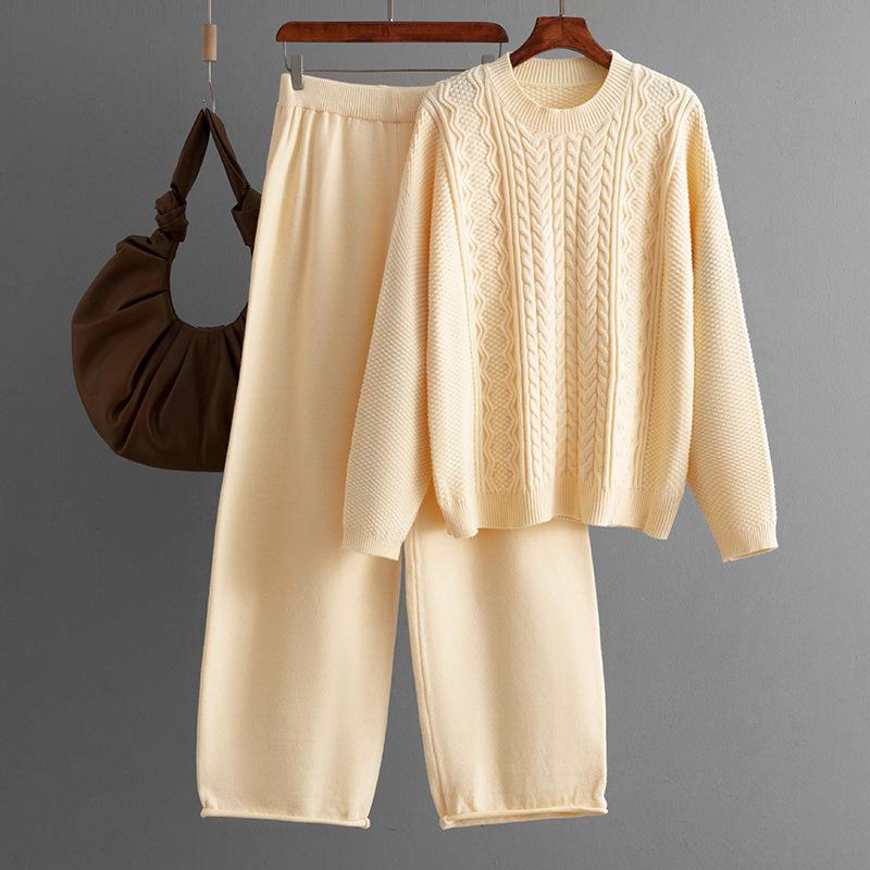 Autumn and Winter New Loose Twist Pullover Sweater Women's Set, Knitted Wide-leg Pants Fashionable Two-piece Set