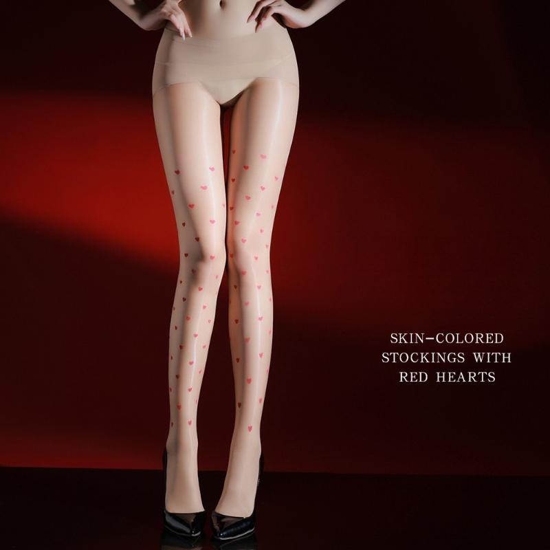 Stockings Women Heart Printing 360 Seamless Aurora 1D Ultra-Thin Pantyhose Sexy Open Crotch Oil Shiny Glossy Silky Sockings