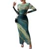 Spot European and American Fashion Mesh Printing Pleated Sexy Tight Crew Neck Dress