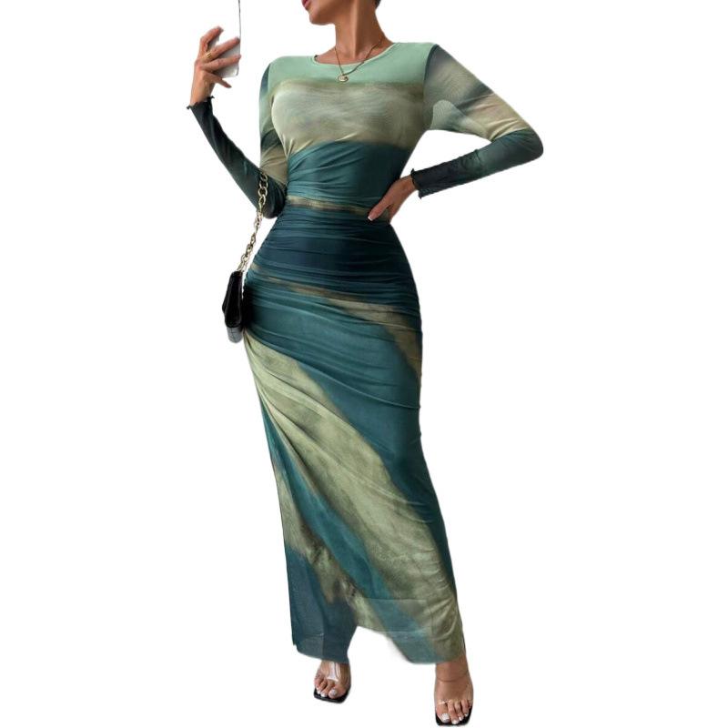 Spot European and American Fashion Mesh Printing Pleated Sexy Tight Crew Neck Dress