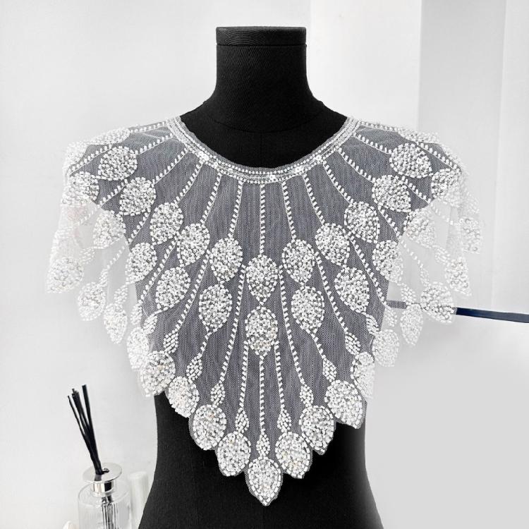 Embroidery Applique Sequins Beads Sew On Collar Patches Wedding Dress Applique For Wedding Dress Evening Gown Decoration