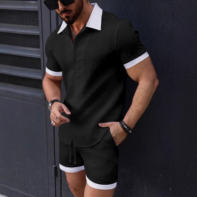 Set da Spiaggia Due Pezzi da Uomo Casual a Blocchi di Colore con Maniche Corte e Pantaloncini