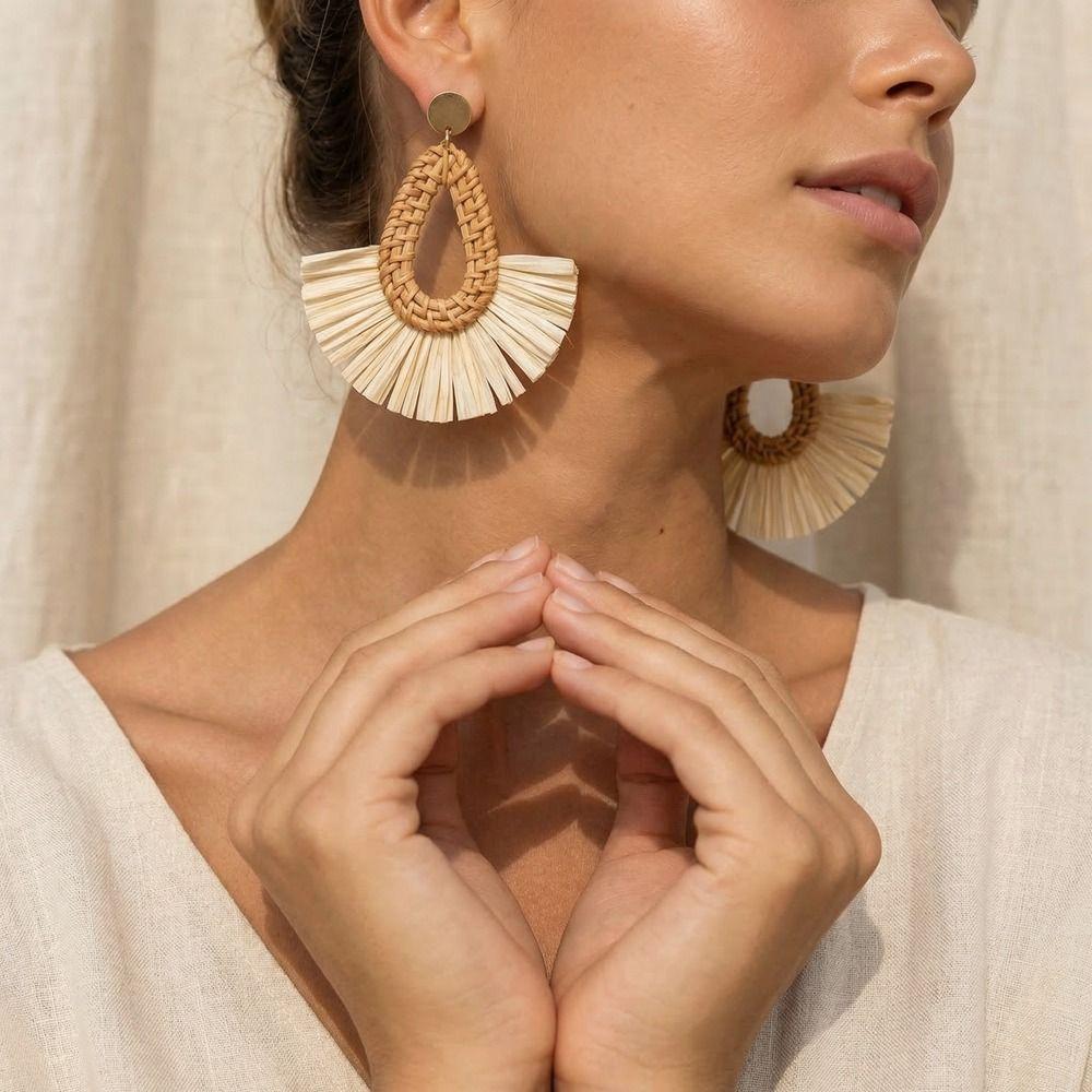 Wood Rattan Weave Earrings Round Beach Jewelry Retro Bohemian Drop Earrings  Women
