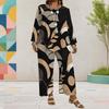 Women Plus Size Round Neck Long Sleeve Printed Layered Top Wide Leg Cropped Pants Two Piece Set