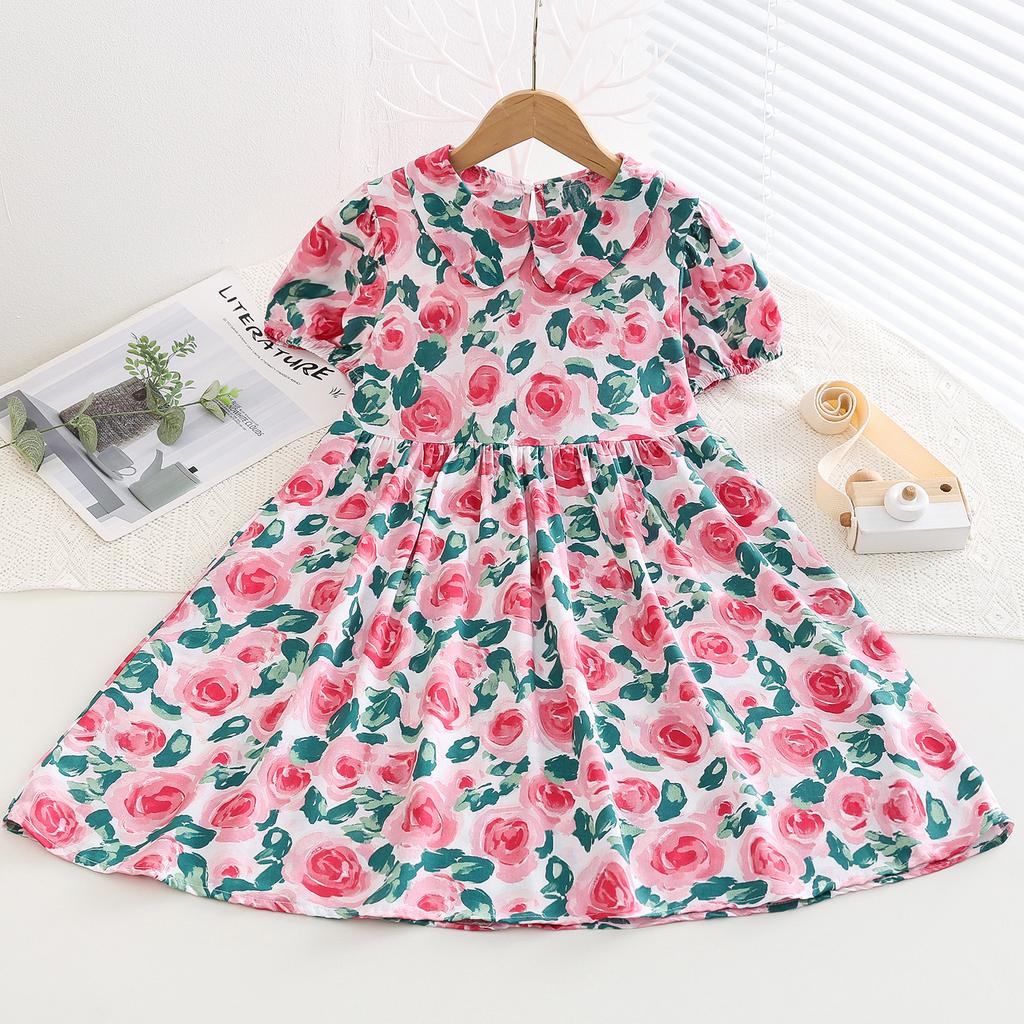 Resort Style Children's Clothing Summer Style Children's Cotton Silk Doll Collar Princess Dress Girls Artificial Cotton Floral Dress