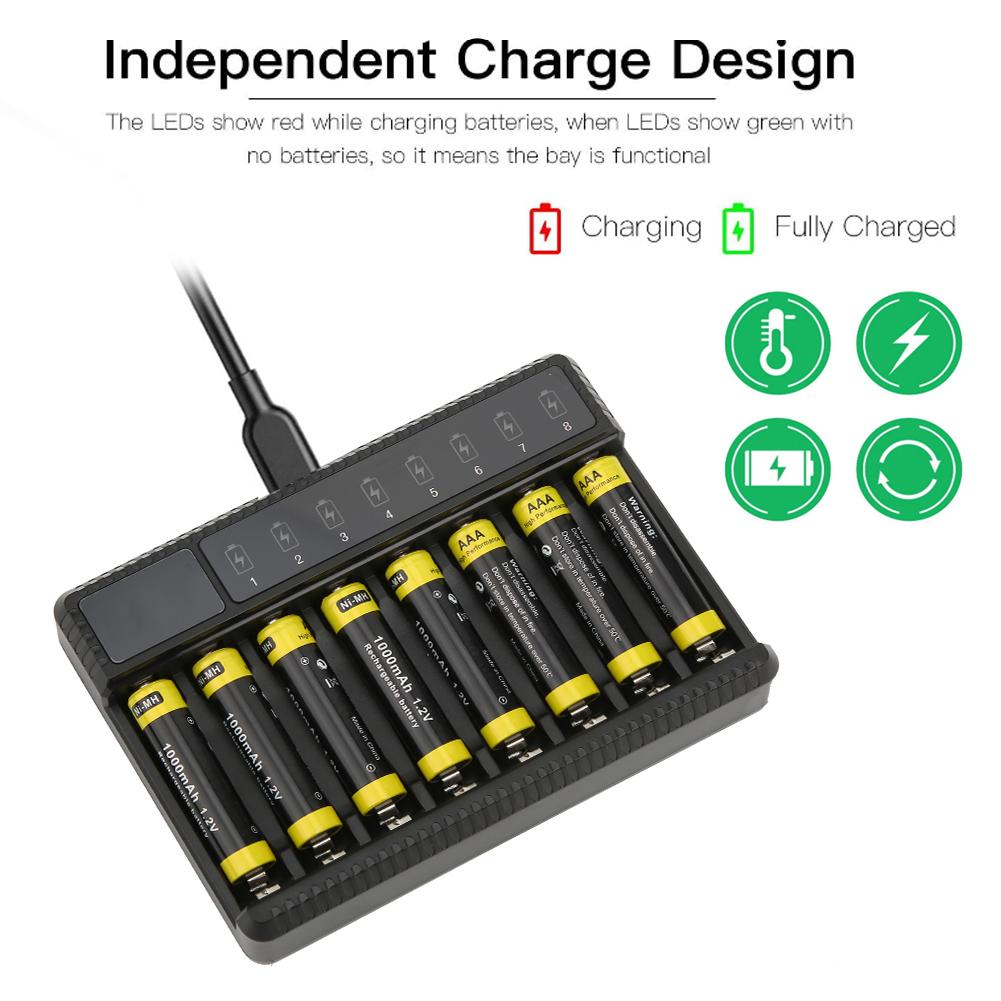 SEIVI Ni MH USB Battery Charger for AA AAA Battery Charge LCD Display Screen Eight Desktop Charger with 8 AAA Battery
