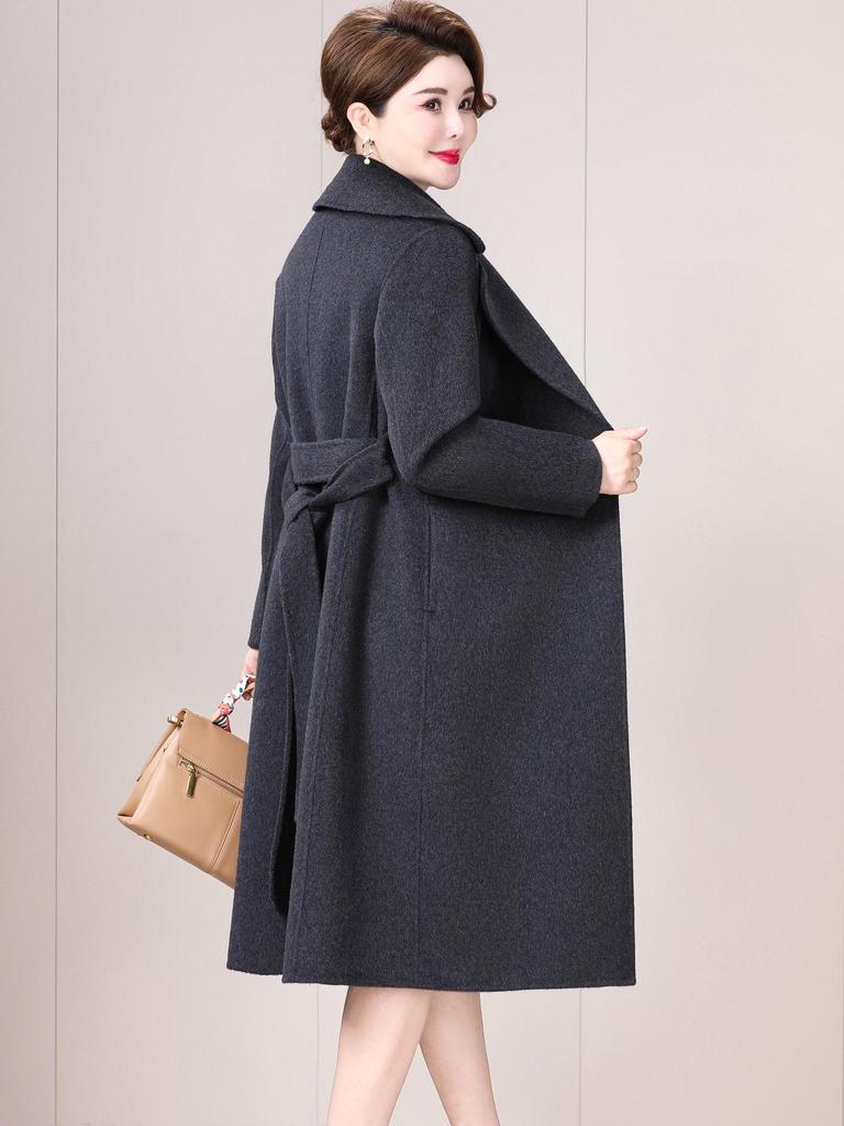 Damski dwustronny płaszcz kaszmirowy - Modny średniej długości z wiązaniem, wełniany, na jesień/zimę