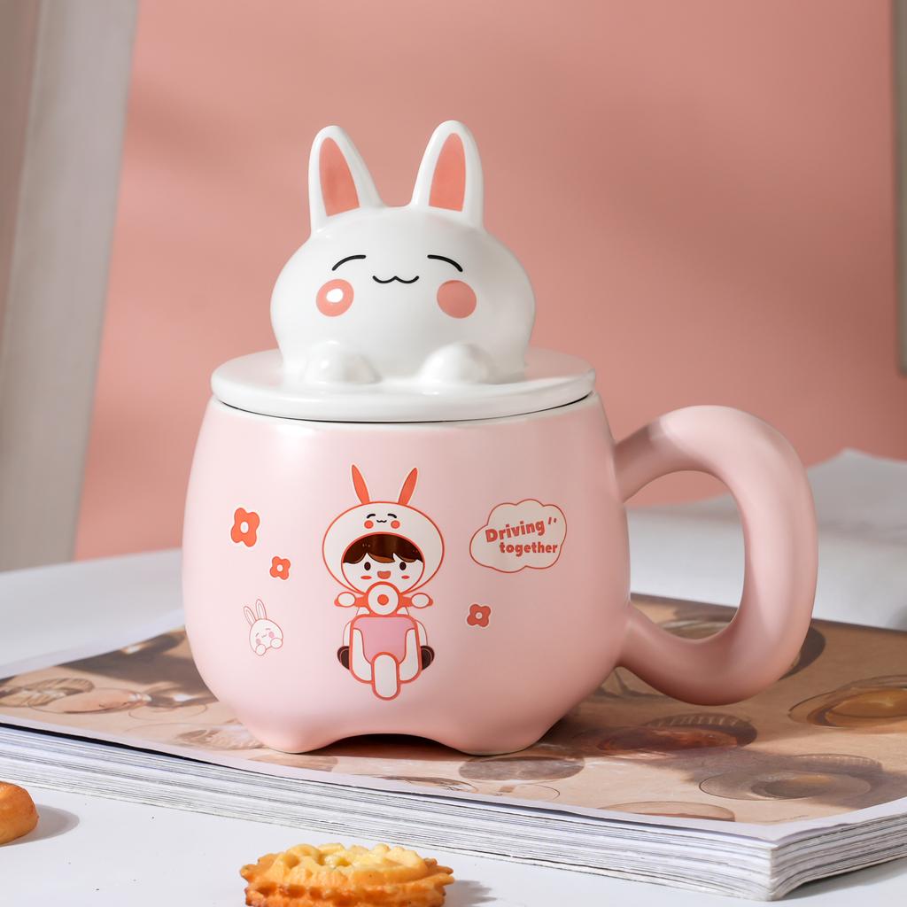Creative Cartoon Cute Three dimensional Rabbit Ceramic Cup with Lid for Women Playing with Fun Rabbit High Looking Office Household Water Cup