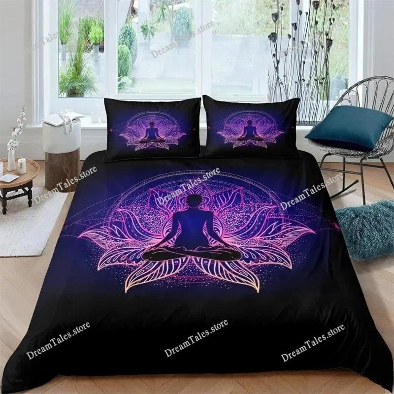 Funda nórdica de meditación de chakras bohemios, juego de cama de yoga con temática relajante, funda de edredón de loto con mandala exótico, decoración para dormitorio tamaño king