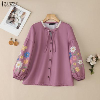 Women Round Neck Casual Floral Print Long Sleeve Blouse