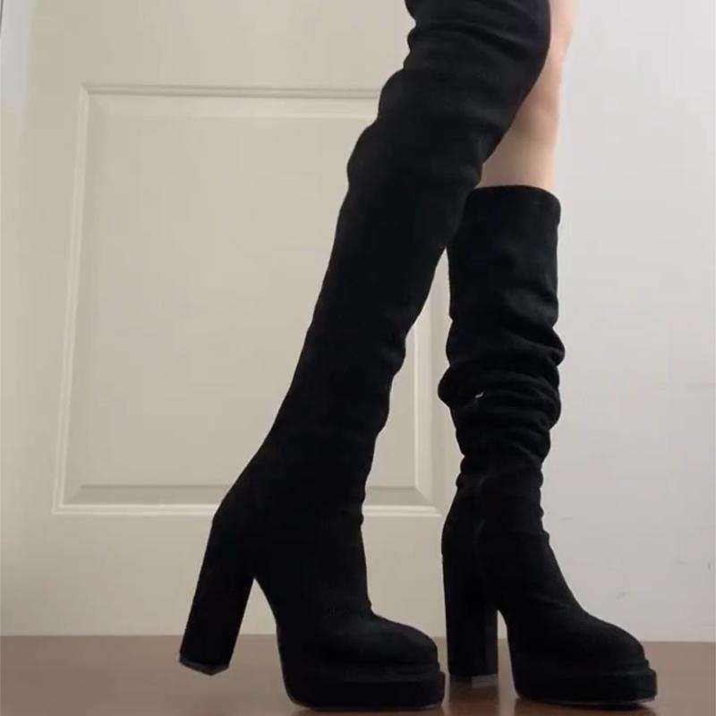 Nightclub Fashion Woman Thigh High Boots Sexy Thick High Heels Party Autumn Winter Ladies Fleece Lined Over-the-knee Booties