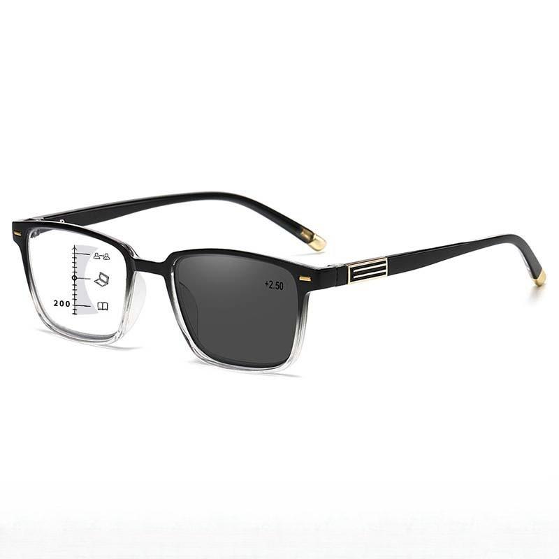 Fashion Luxury Photochromic Multifocal Reading Glasses Men's Business Square High-definition Anti Blue Light Presbyopia Glasses