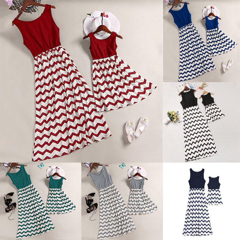 Stylish Mother And Daughter Fashion Casual Boho Stripe Maxi Matching Dress Outfits