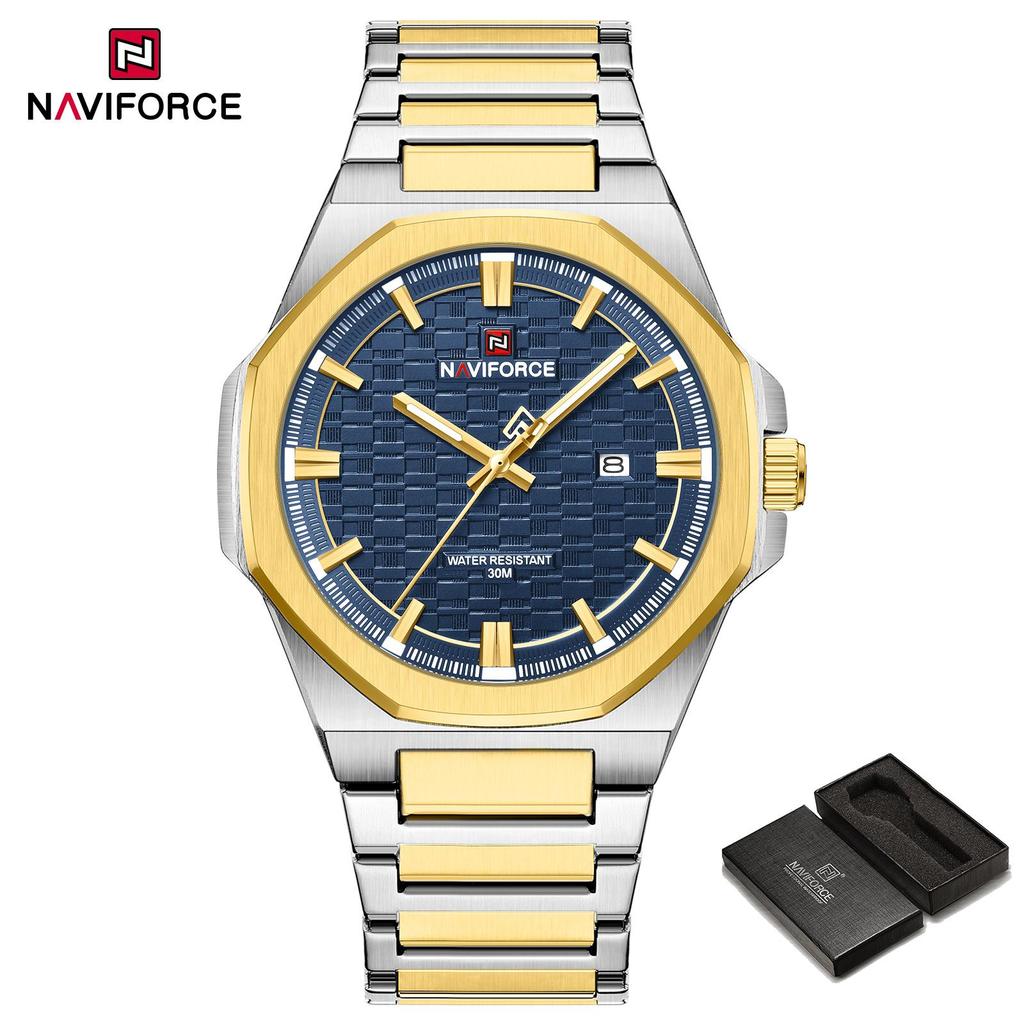 NAVIFORCE Simple Watch for Men Stainless Steel Strap Calendar Movement Luminous Pointer Waterproof 3ATM Casual Fashion Men's Watch NF9245