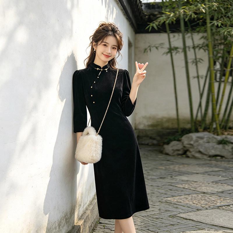 Black velvet national style new Chinese Suzhou long-sleeved cheongsam improved young women's high-end sense small man spring and autumn
