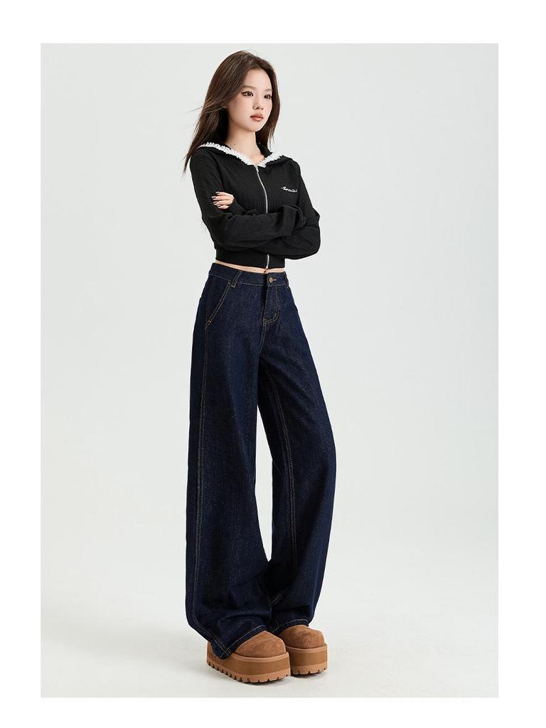 Women's Dark Blue High-Waist Wide-Leg Jeans, Summer 2025 Collection - Loose Fit, Meat-Covering, Mopping Style.